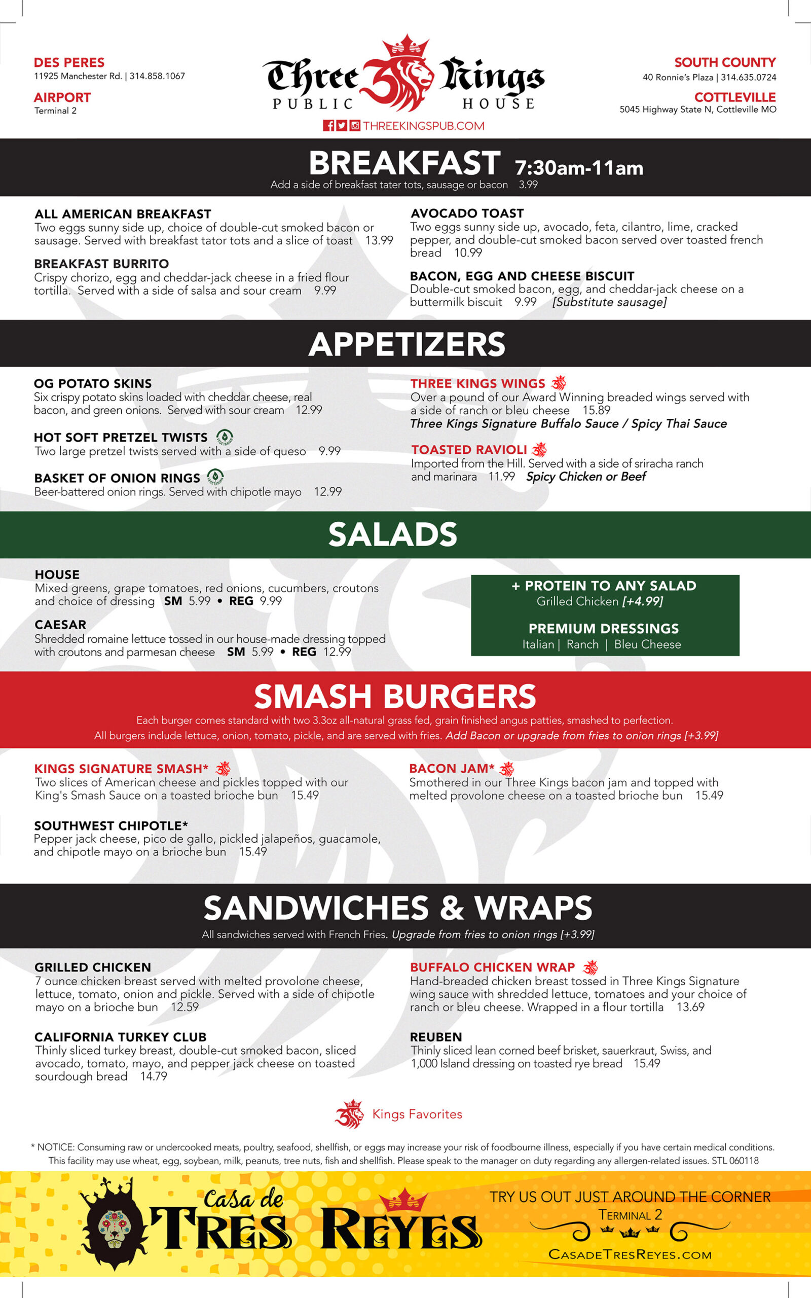 Three Kings Pub Airport Menu - Front